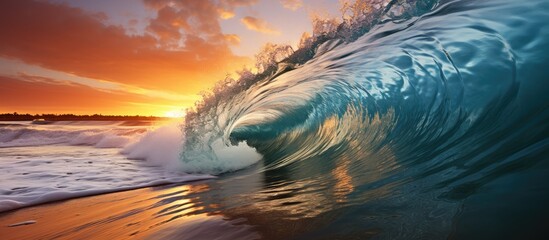 Roll of blue sea waves with white foam isolated on sunset background.