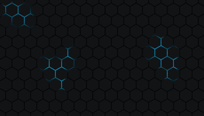 Black hexagon abstract technology background with blue colored bright flashes under the hexagon.