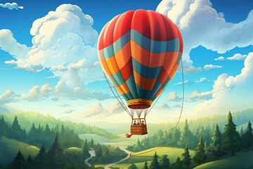 Hot air ballon above mountains cartoon style illustration. 