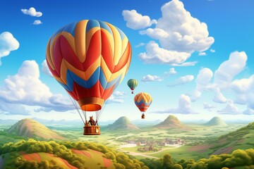 Obraz premium Hot air ballon above mountains cartoon style illustration. 