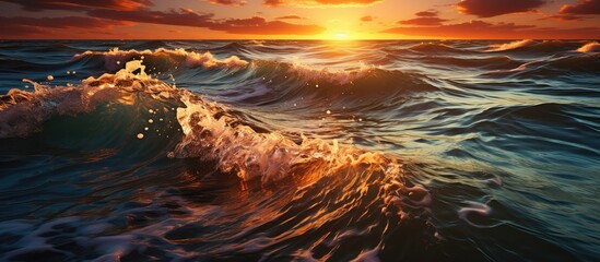 rolling waves in the middle of the sea at sunset