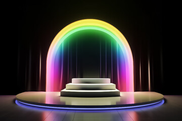 Rainbow color Display mock up 3D luxury stage with LED light and simple shape decoration around it. generative AI