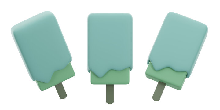 set of 3d ice creams with transparent background, PNG, 3d render popsicle, green popsicle
