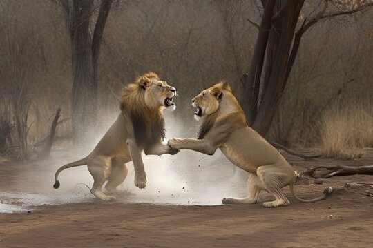 lions fighting facing each other
