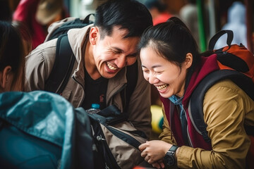 Asian couple laughing over carry on luggage in airport. - obrazy, fototapety, plakaty