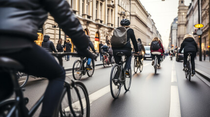 People on their bicycles on a city street. - obrazy, fototapety, plakaty