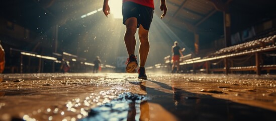 Runner athlete starts running on the arena, low angle view - obrazy, fototapety, plakaty