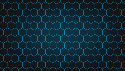 Black hexagon abstract technology background with blue colored bright flashes under the hexagon.