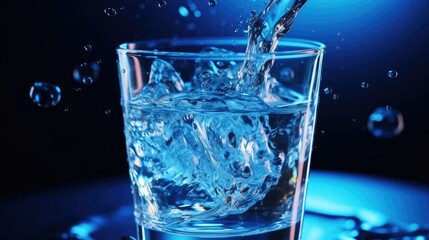 A stream of clean transparent water is poured into a blue glass beaker on a light background. Water glows in a glass