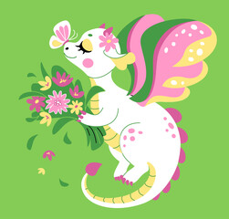 Cute fairytale dragon with spring flower bouquet on green background . Symbol of Chinese New Year 2024. Vector illustration in flat modern style for banner, t-shirt design. Valentines Day poster or