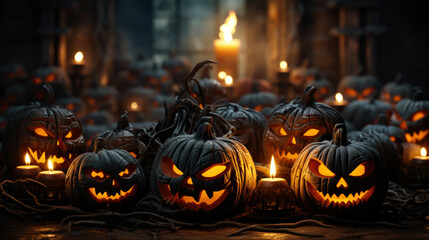 A pile of carved pumpkins with scary faces, lit by candles inside them, Halloween