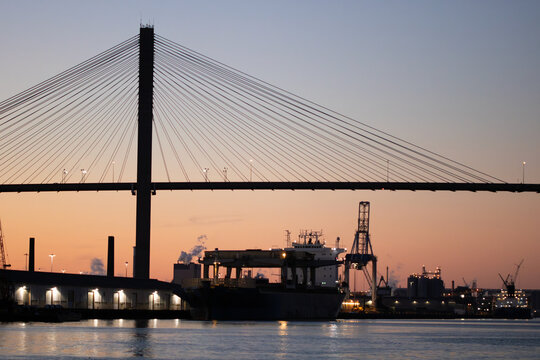 Talmadge Bridge in Savannah, GA at sunset near River Street