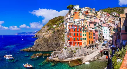 Foto auf Glas Colorful fishing village Riomaggiore - National Park "Cinque terre" in Liguria, Itlay travel and landmarks. © Freesurf