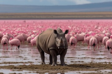 rhino and pink flamingo background in africa