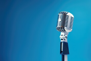 Vintage vocal microphone. Live music or podcast wide banner background with copy space