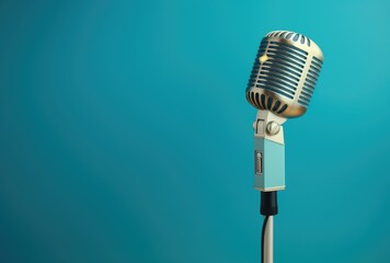 Vintage vocal microphone. Live music or podcast wide banner background with copy space