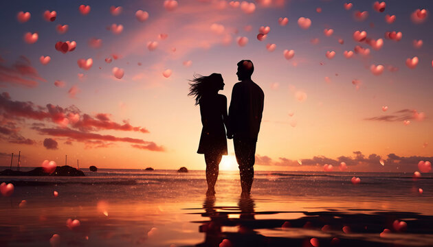 Silhouettes of a man and woman on the seashore against the backdrop of sunset.