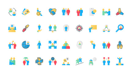 People, community flat icons set vector illustration. Human society and business team organization symbols, silhouettes of person and family, gender equality, support and partnership.