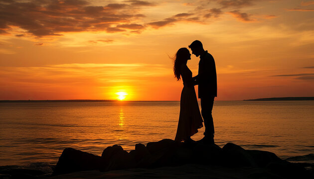 Silhouettes of a man and woman congratulating each other on the seashore against the backdrop of sunset on Valentine's Day.