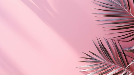 Light pink background with palm leaves and nature's subtle shadow shadow. Empty wall with copy space minimal template mockup