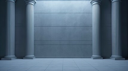 Minimalistic background for product presentation with gray-blue empty wall with columns with lateral lighting