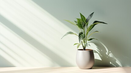 Beautiful house plant in the pot on wooden floor set beside the wall 