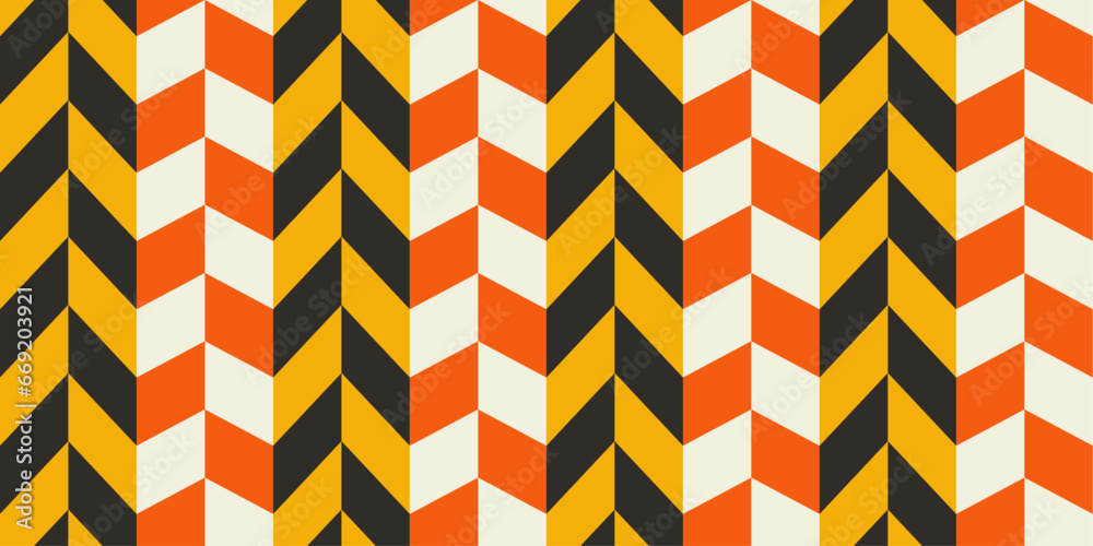 Poster colored checkerboard pattern of chevrons and alternating rectangles. for print, interior, packaging,