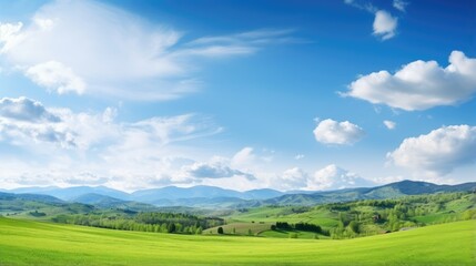 Fototapeta premium Panoramic nature landscape with green grass, blue sky with clouds and mountains in the background