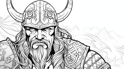 Naklejka premium Viking, Scandinavian culture, colorless, line art, bold black outline. Tattoo sketch