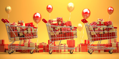 Shopping cart full of gift boxes with ribbons and bows on a red backgreound. New year and Christmas shopping concept. © Maksym Yemelyanov