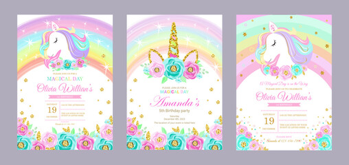 Fototapeta na wymiar set of invitation cards for the girl's first birthday party with unicorn. Template for baby shower invitation. one year 