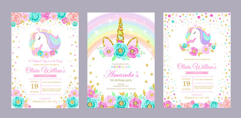 set of invitation cards for the girl's first birthday party with unicorn. Template for baby shower invitation. one year	