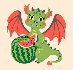 Fairytale green dragon with red wings and watermelon . Symbol of Chinese New Year 2024. Vector illustration in flat modern style for banner, t-shirt design. Valentines Day poster or greeting card.