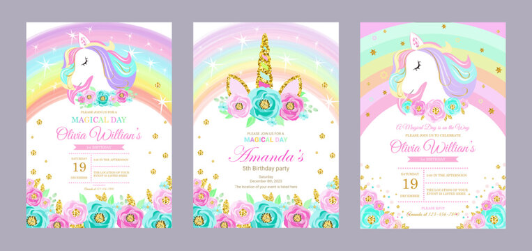 set of invitation cards for the girl's first birthday party with unicorn. Template for baby shower invitation. one year	