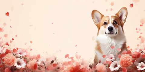 Portrait of a corgi dog on a light monochrome background with pink flowers around the image. Generative ai