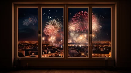 Fotobehang New years eve fireworks from a window of a room for online promotions in warm and happy mood © Fehr
