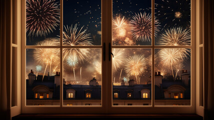 New years eve fireworks from a window of a room for online promotions in warm and happy mood - obrazy, fototapety, plakaty