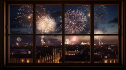Fotobehang New years eve fireworks from a window of a room for online promotions in warm and happy mood © Fehr