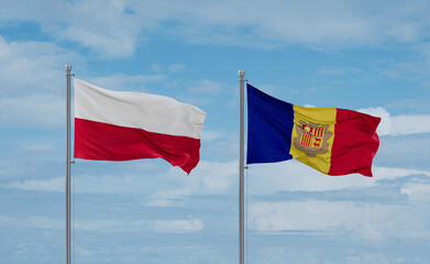 Poland and Andorra national flags, country relationship concept