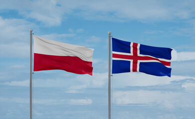 Iceland and Poland flags, country relationship concept