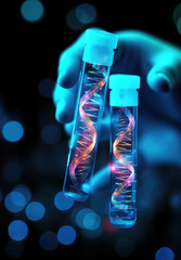 scientist holding medical testing tubes or vials of medical pharmaceutical research with blood cells and virus cure using DNA genome sequencing biotechnology as wide banner hologram