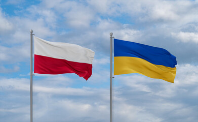 Ukraine and Poland flags, country relationship concept