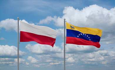 Venezuela and Poland flags, country relationship concept