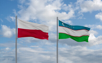 Uzbekistan and Poland flags, country relationship concept