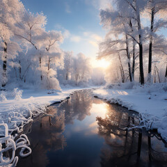 Obraz na płótnie Canvas Winter wonderland A serene, snow-covered landscape with glistening trees and a peaceful, icy river under the soft, pastel hues of the setting sun
