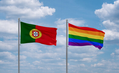 Gay Pride and Portugal flags, country relationship concept