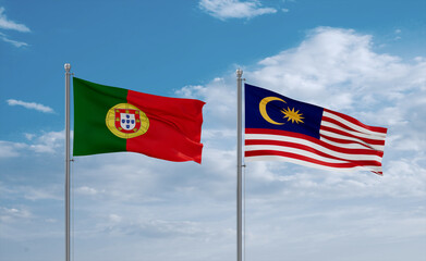 Malaysia and Portugal flags, country relationship concept