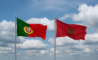 Morocco and Portugal flags, country relationship concept
