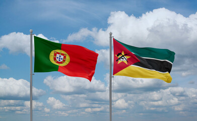 Mozambique and Portugal flags, country relationship concept