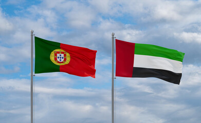 UAE and Portugal flags, country relationship concept